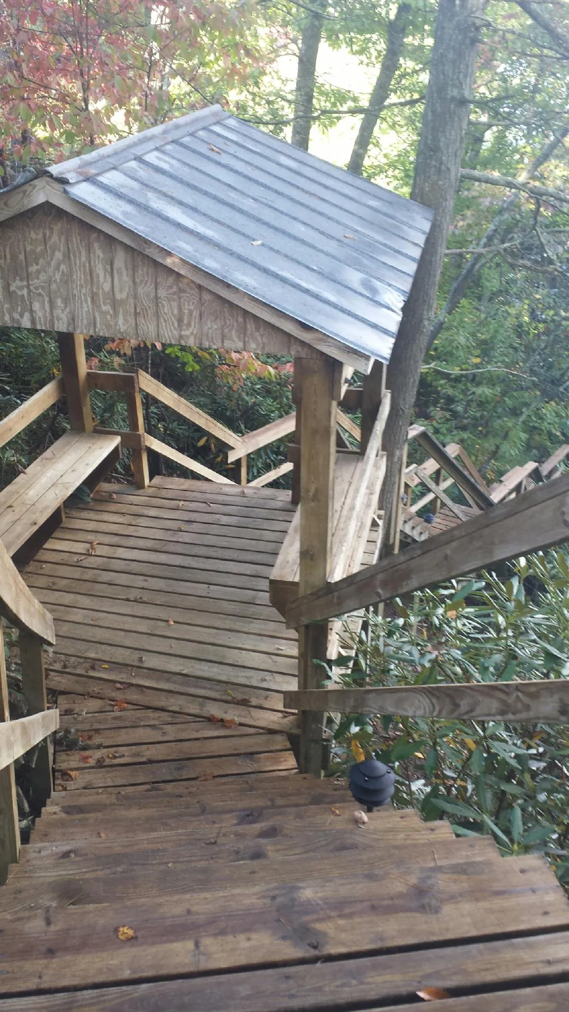 Metal roofed shelter over wooden steps on a wooded walkway — Skylight Repair & Installation work by our crew in Pandora